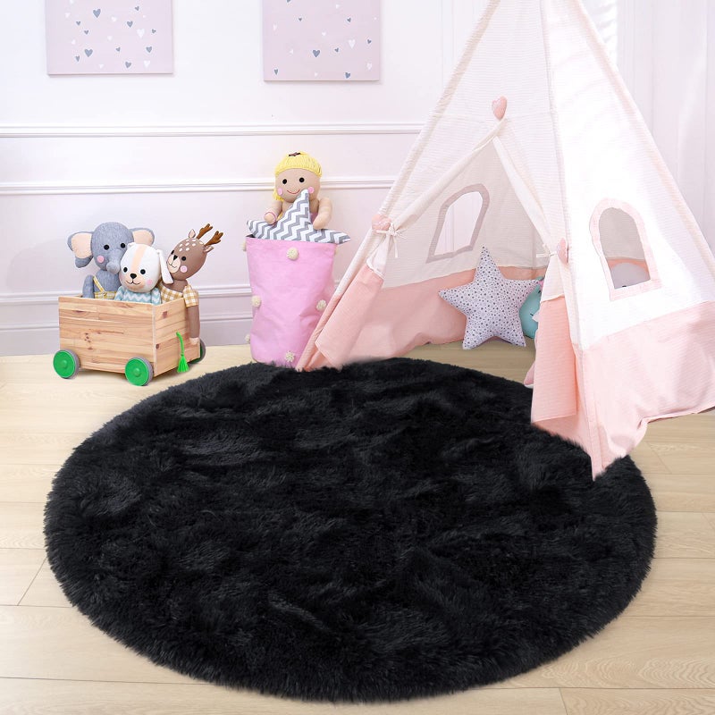 junovo Round Rug 4x4 Feet Fluffy Soft Area Rugs for Kids Girls Room Princess Castle Plush Shaggy Carpet Cute Circle Nursery Rug for Kids Girls Bedroom Baby Room Home Decor Circular Carpet, Black - Image 3